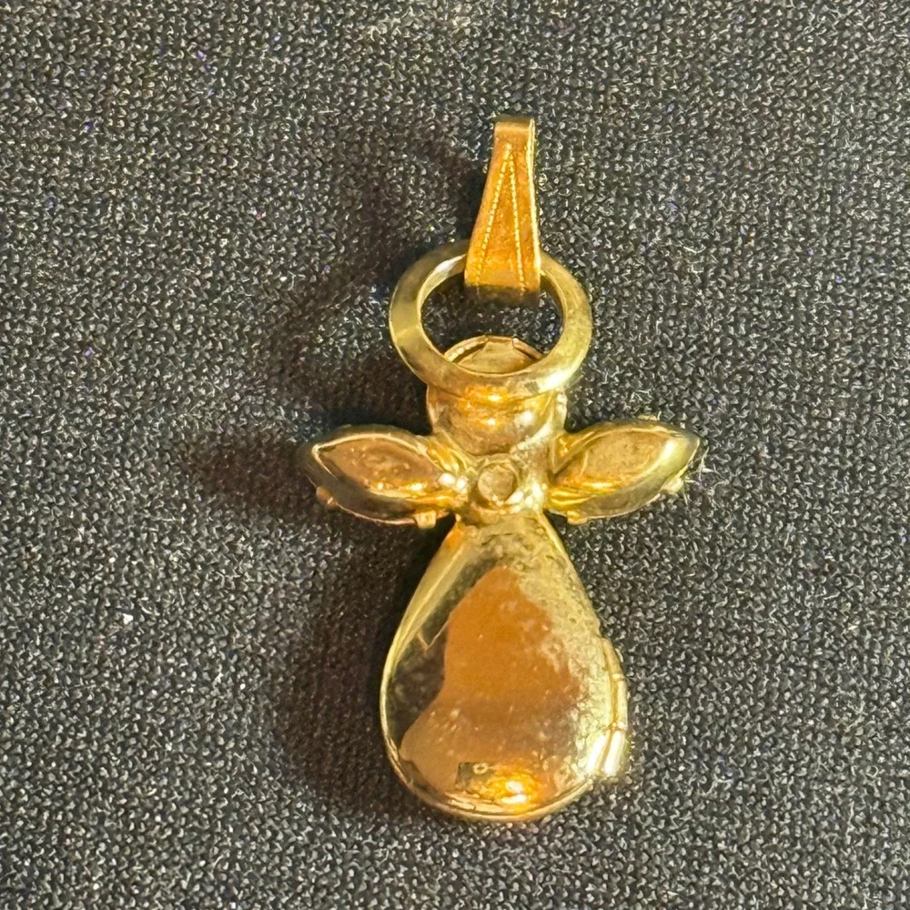 Vintage Gold Tone Angel‎ Locket Pendant Rhinestone Wings Guardian Angel Charm